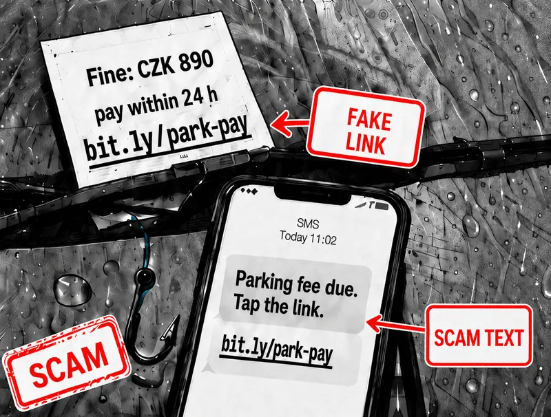 A fraudulent notice under a windscreen wiper and a scam text message, both showing the short address bit.ly/park-pay.