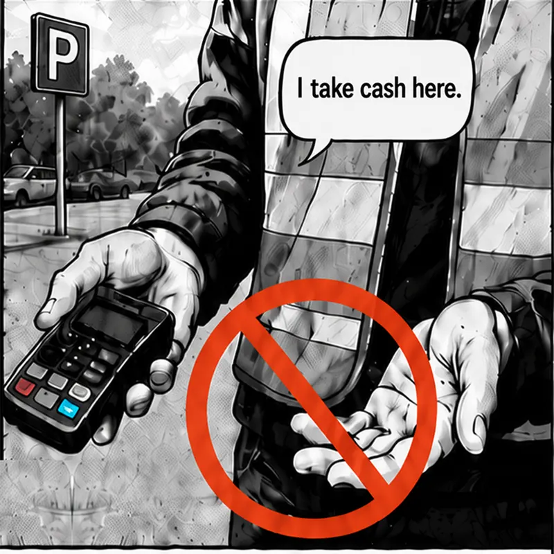 A person at a barrier-free car park offers to take cash or process a payment on a handheld card terminal.
