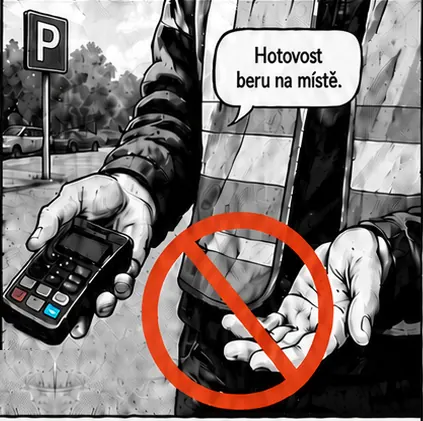 Člověk v reflexní vestě nabízí výběr hotovosti nebo platbu terminálem na parkovišti bez závory.